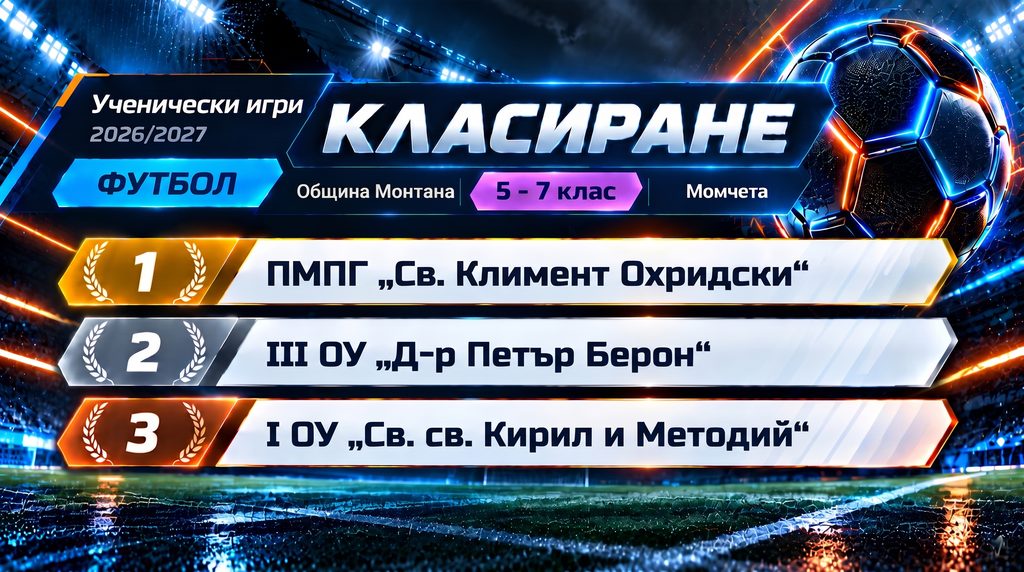 пмпг шампиони монтана футбол 5-7 клас класиране монтана, първи къг Ученически игри футбол